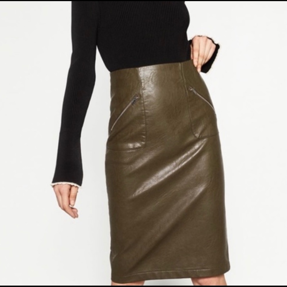 Zara Olive green faux leather pencil skirt